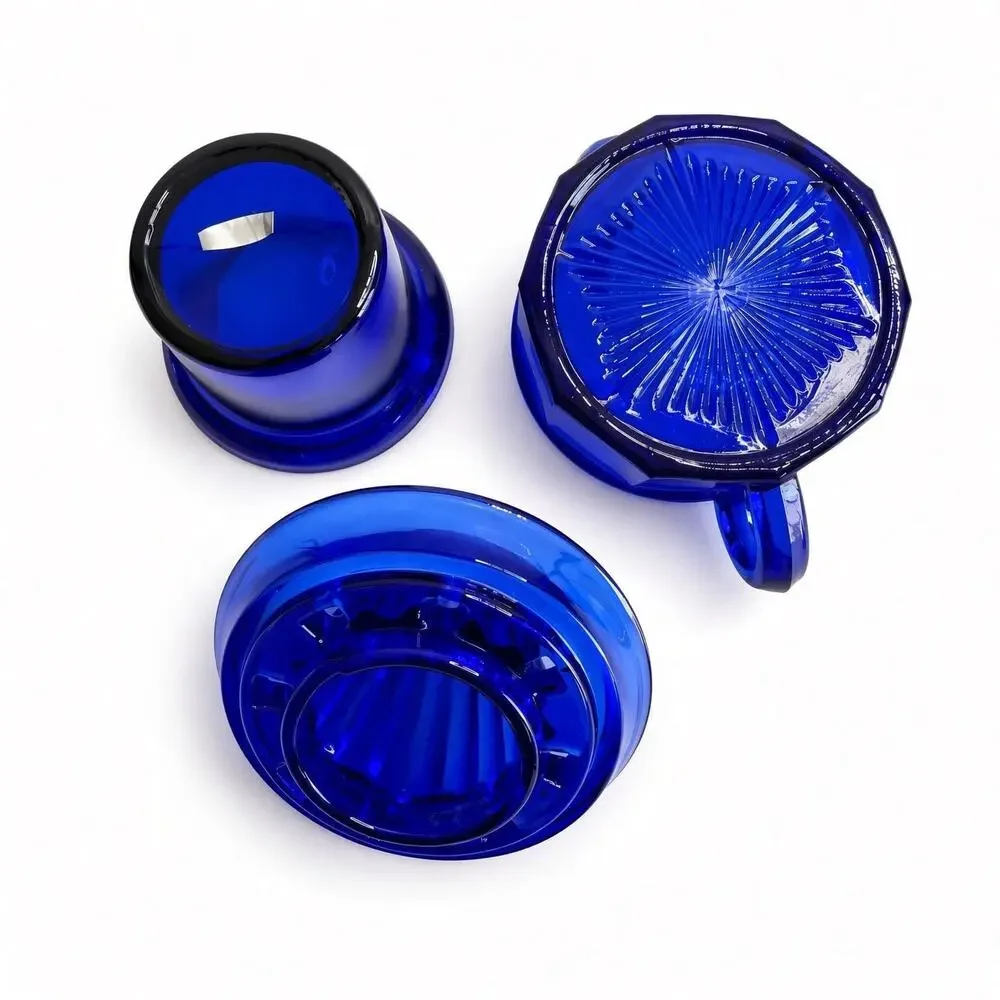 Vintage Cobalt Blue Glass Citrus Juicer, Reamer Set, Starburst Base, Kitchen
